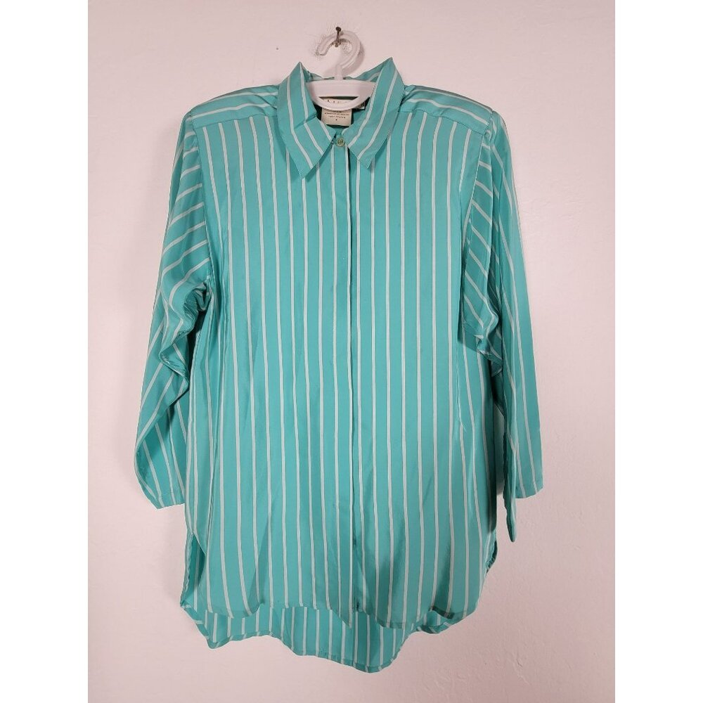 Joanie Char Women's Striped High Low Hem Long Sleeve Casual Silk Blouse Green 4